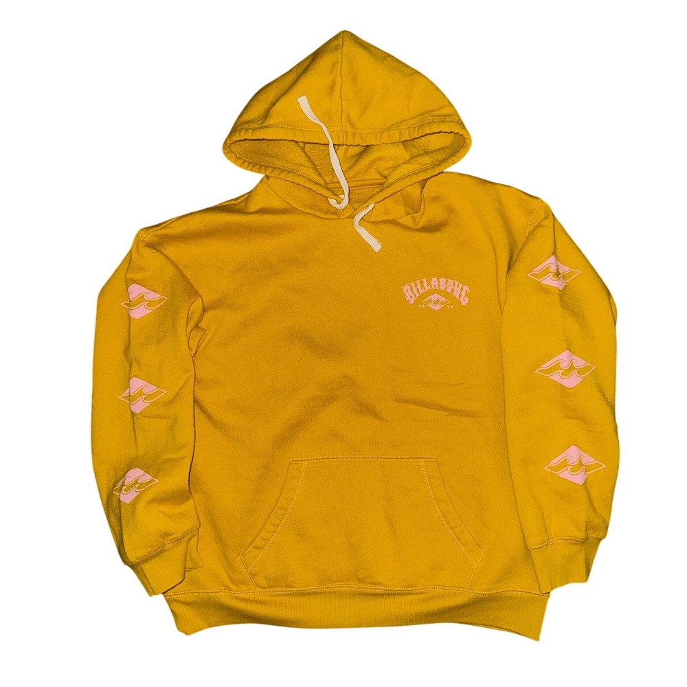 Billabong Womens Mustard Yellow Pink Logo Graphic Pullover Hoodie Sweatshirt XL